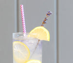 A mixture of HDC Lavender vodka, lemonade, and club soda poured into a tall glass of ice and a fun printed straw. Lemon wheel and wedge garnishes are in the drink.