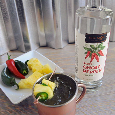 A spicy take on a classic mule served a copper mug using HDC Sweet Ghost Pepper Vodka.