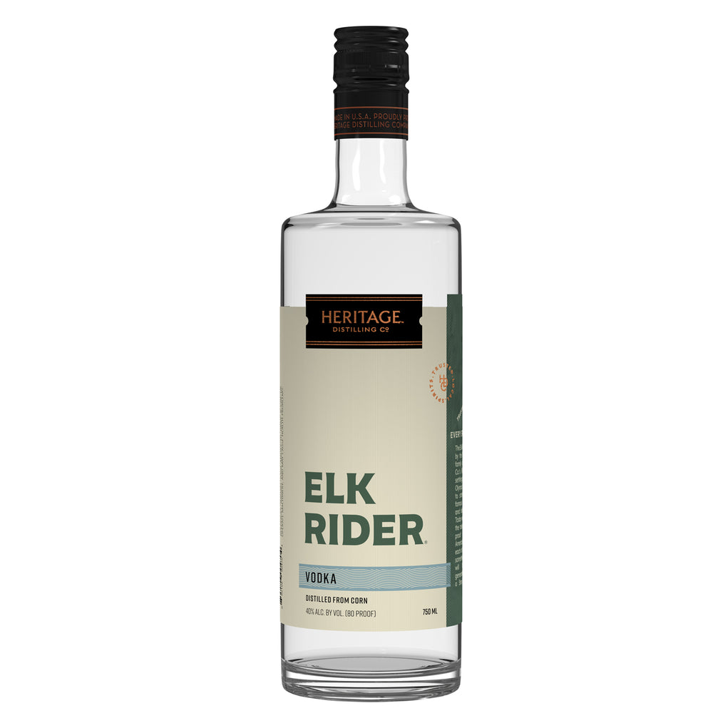 A 750ml bottle of HDC Elk Rider Vodka.