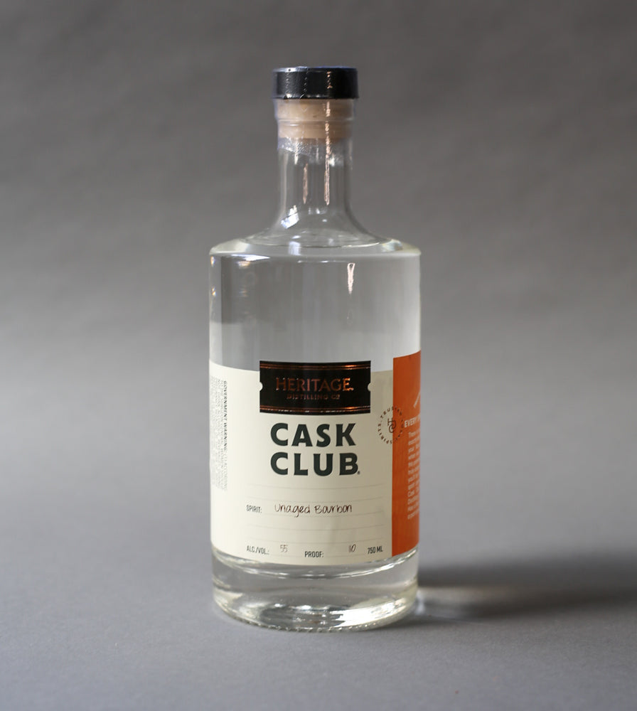 
                  
                    A 750ml bottle of HDC Cask Club Unaged Bourbon (clear liquid).
                  
                
