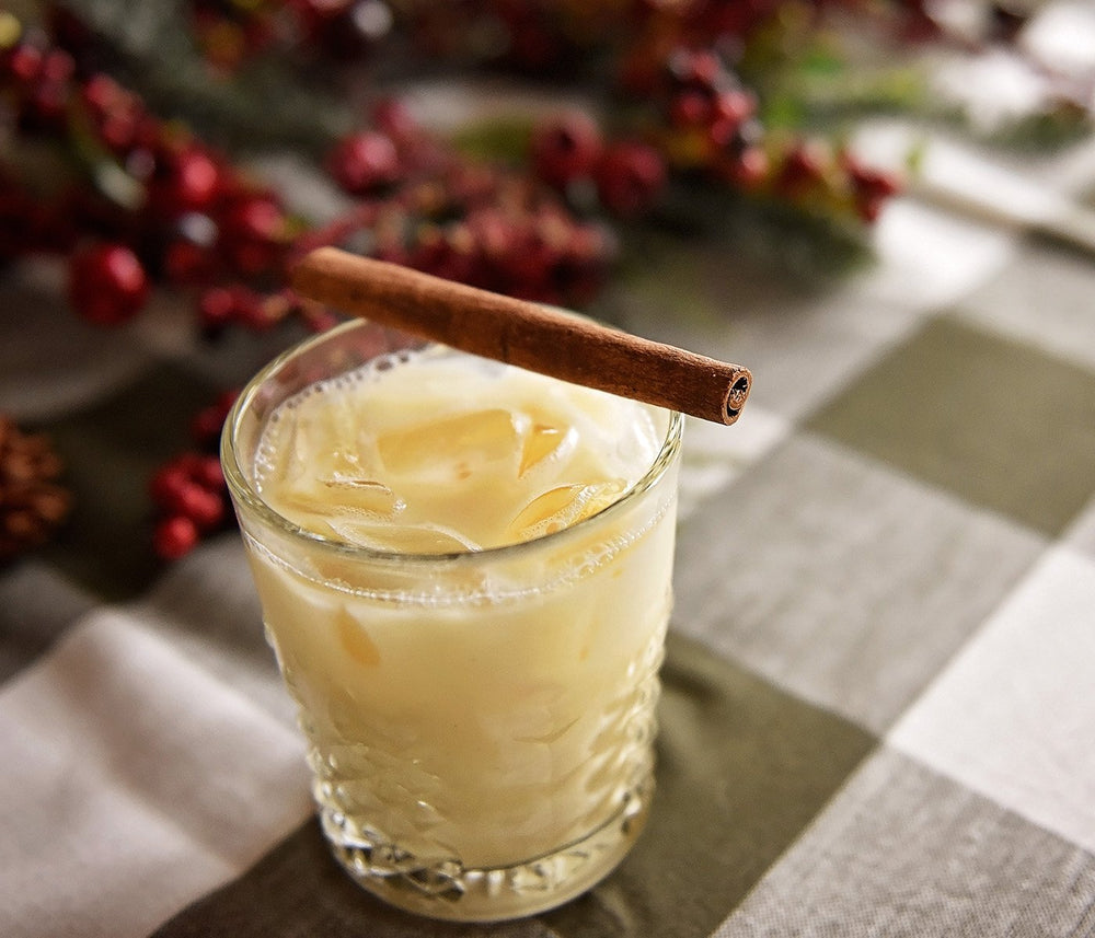 A chilly bourbon nog in a glass of ice (using HDC Elk Rider Bourbon or BSB - Brown Sugar Bourbon) with a cinnamon stick and/or ground nutmeg. 