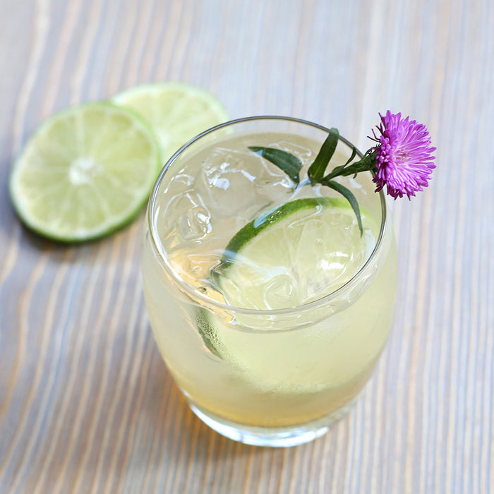 In a round tumbler, a light colored cocktail poured over ice with lime wheel garnishes.