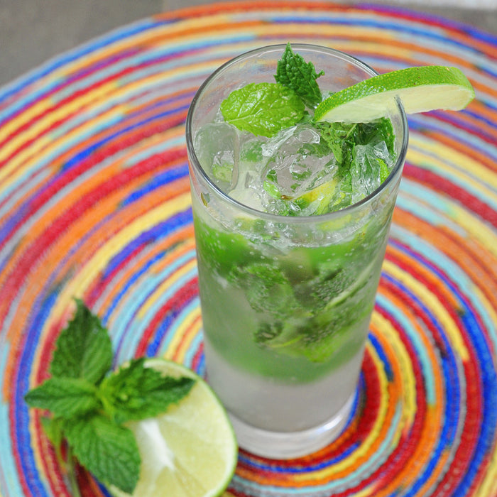 A tall glass of Cucumber Lime Vodka Gimlet featuring HDC Elk Rider Vodka with cucumber and basil garnishes.