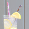 A mixture of HDC Lavender vodka, lemonade, and club soda poured into a tall glass of ice and a fun printed straw. Lemon wheel and wedge garnishes are in the drink.