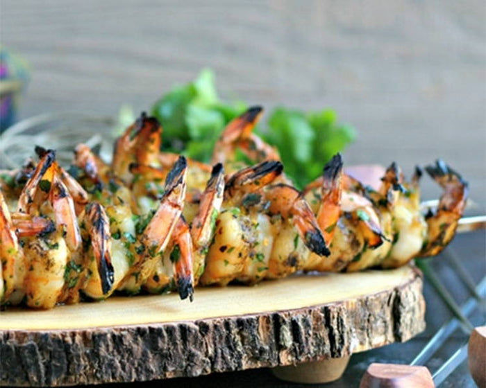 A shrimp skewer made with BSB Brown Sugar Bourbon.
