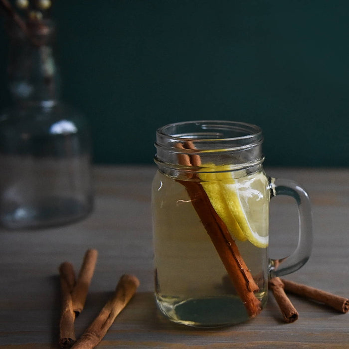 Using HDC Elk Rider Gin, this hot cocktail in a mug has nutmeg and lemon to garnish.