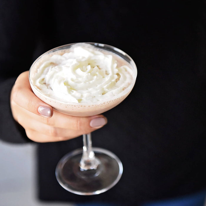 In a cocktail goblet, this mocha can be made with BSB - Brown Sugar Bourbon or HDC Coffee Vodka to fit your taste preferences. 