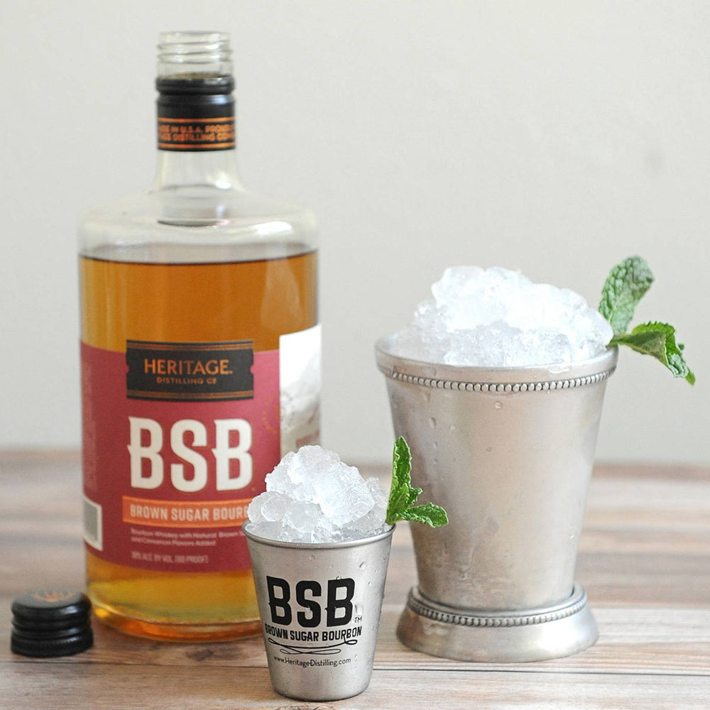 This recipe uses both BSB - Brown Sugar Bourbon and Peppermint Schnapps served in a julep glass.