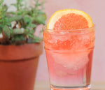 A glass of HDC Ruby Red Grapefruit Vodka and soda with a grapefruit slice garnish next to a houseplant. 