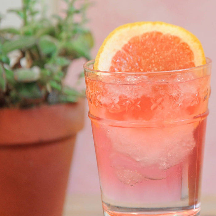 A glass of HDC Ruby Red Grapefruit Vodka and soda with a grapefruit slice garnish next to a houseplant. 