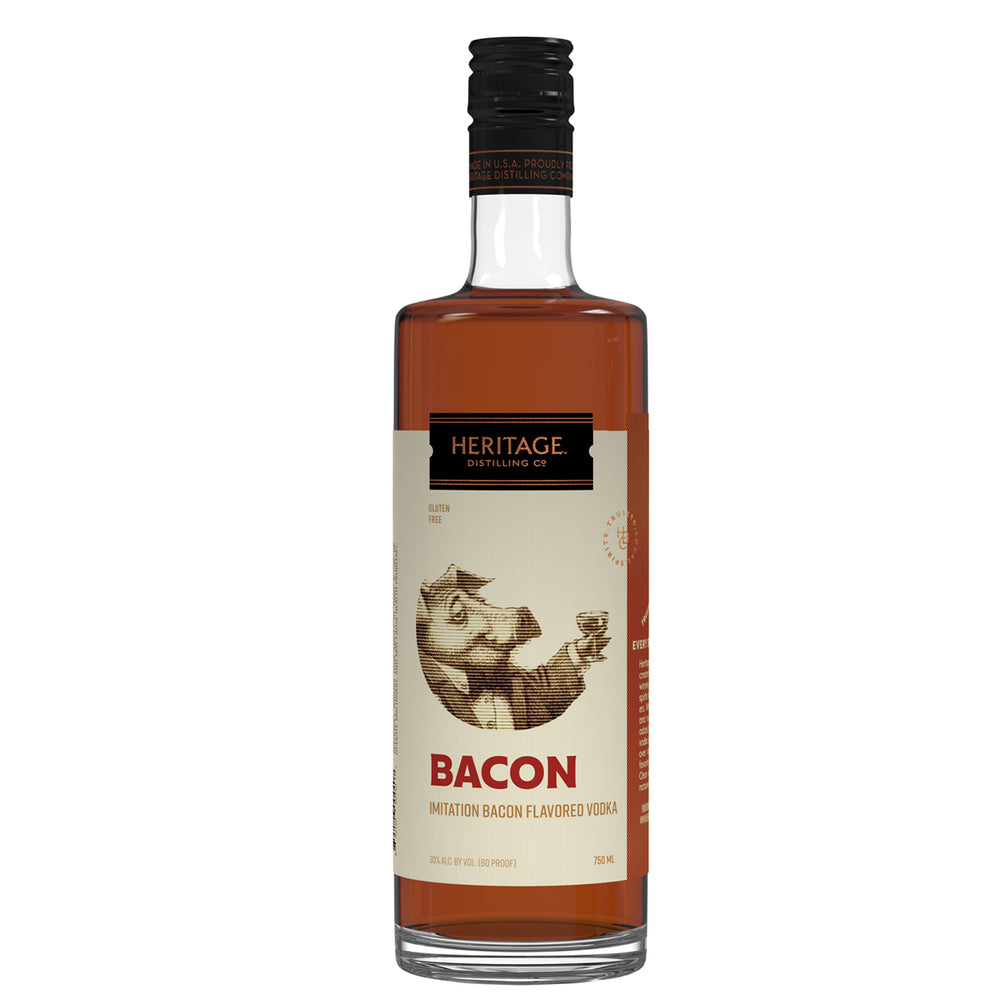 Bacon Flavored Vodka 750 ml glass bottle with white label featuring pig