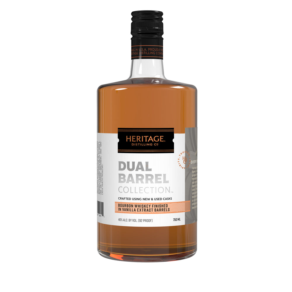 A 750ml bottle of HDC Dual Barrel (Vanilla) Bourbon Whiskey.