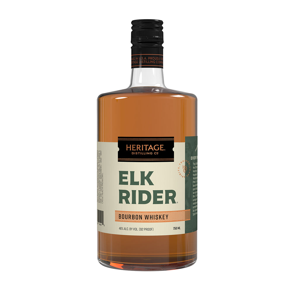 A 750ml bottle of HDC Elk Rider Bourbon Whiskey.