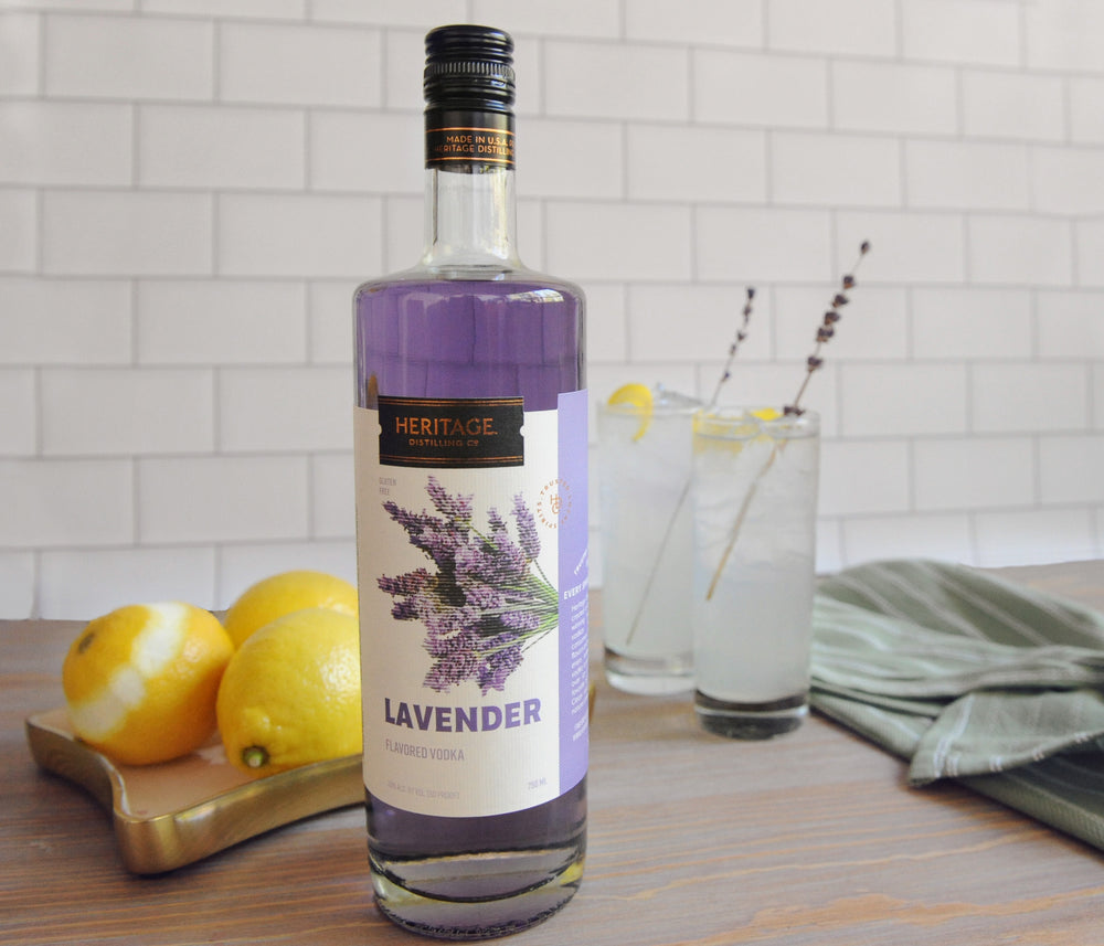 A 750ml bottle of HDC Lavender Vodka and a Lavender Lemonade cocktail.